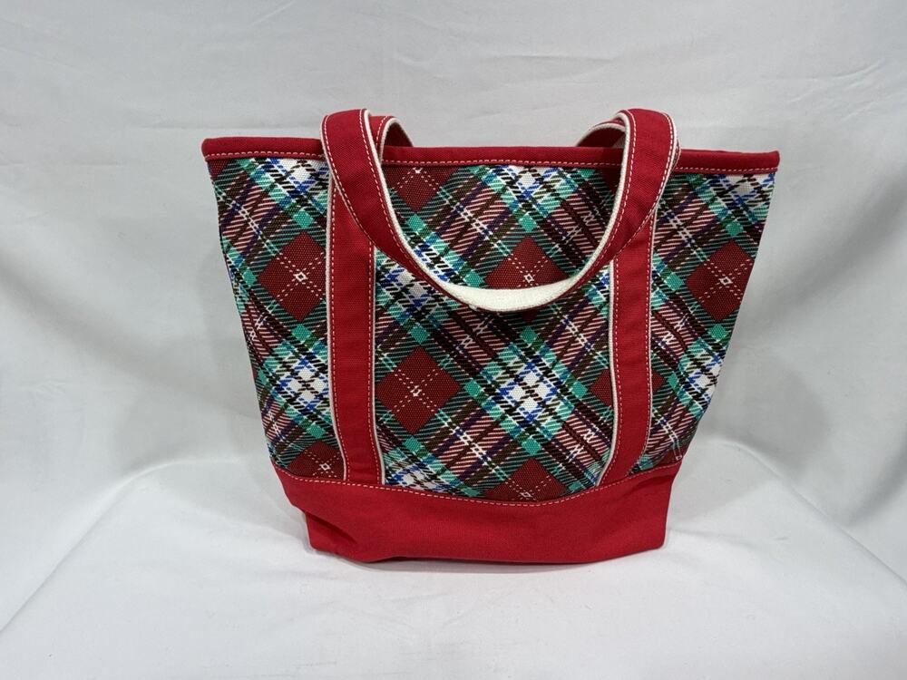 Lands’ End Zip-Top Red/Green Plaid Canvas Tote/Shoulder Bag 100% Cotton